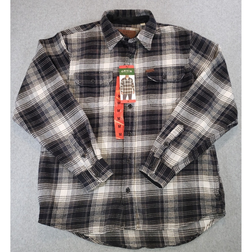 Orvis Big Bear Heavyweight Flannel Shirt Men Black Gray Brown Sz M Button Up NEW
